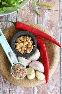 shrimp paste, dried shrimp, red chillies, onions, garlic