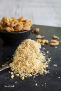 dried shrimp floss with whole dried shrimp in background