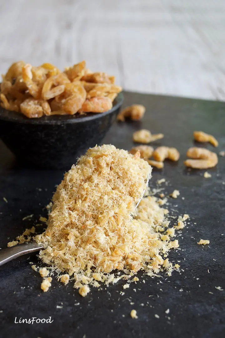 dried shrimp floss with whole dried shrimp in background