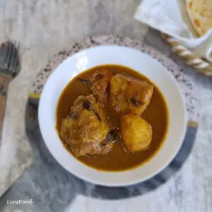 Kari Ayam (basic chicken curry) with chicken pieces and potatoes in a bowl, served as a Singaporean/Malaysian chicken curry.
