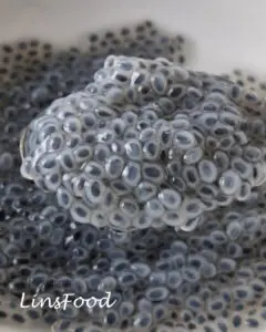 Close-up of soaked basil seeds with their translucent, jelly-like coating.