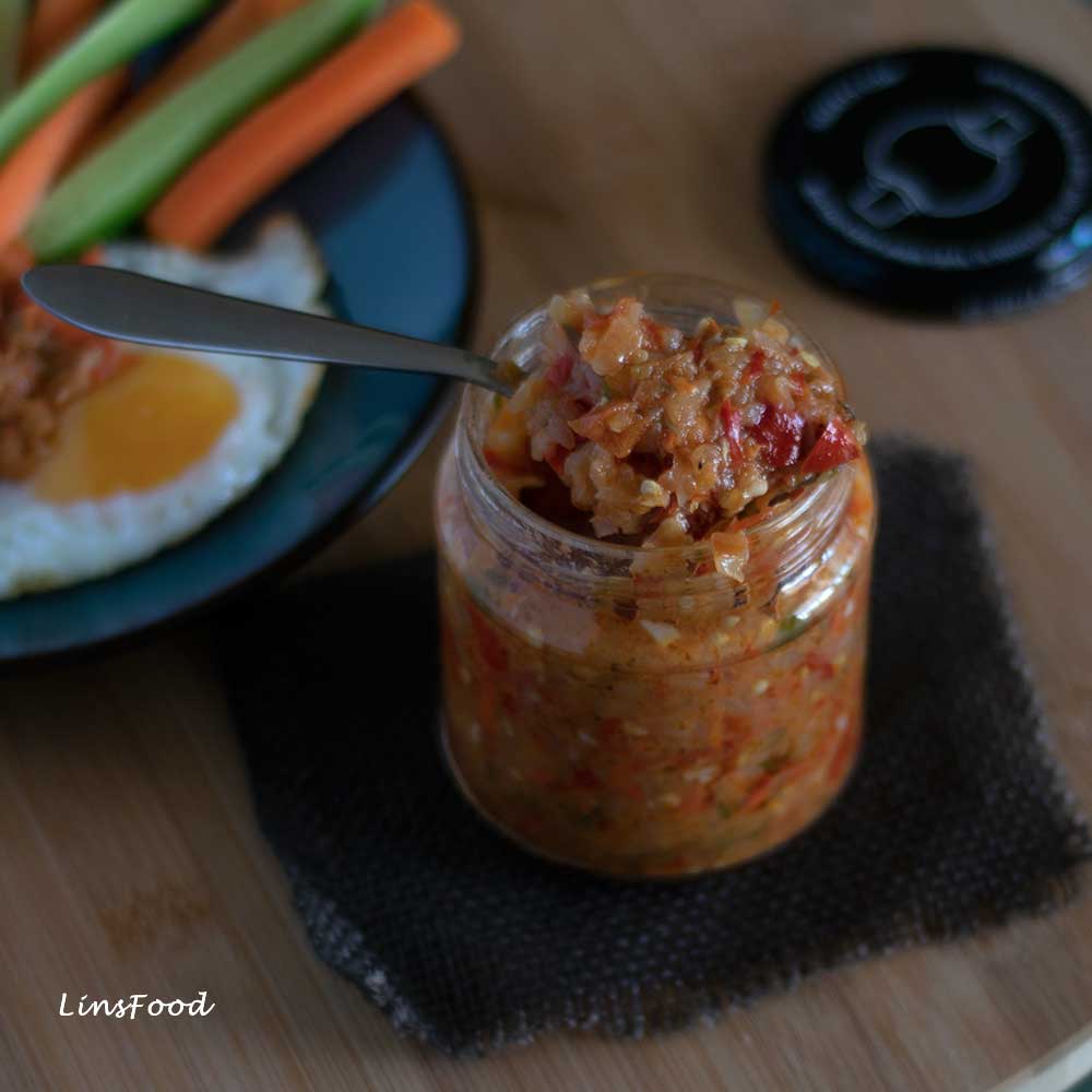 cooked onion sambal in a glass jar