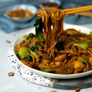 plate of dark coloured noodles