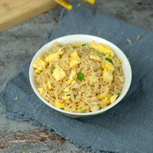 Chinese egg fried rice in a small bowl