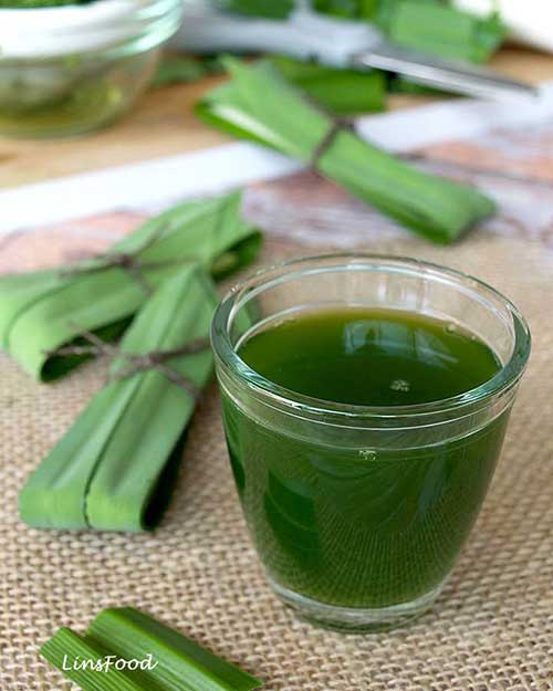 Fresh pandan juice in a glass jar with tied pandan leaves in the background