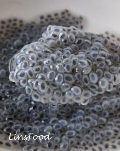 Close-up of soaked basil seeds with their translucent, jelly-like coating.