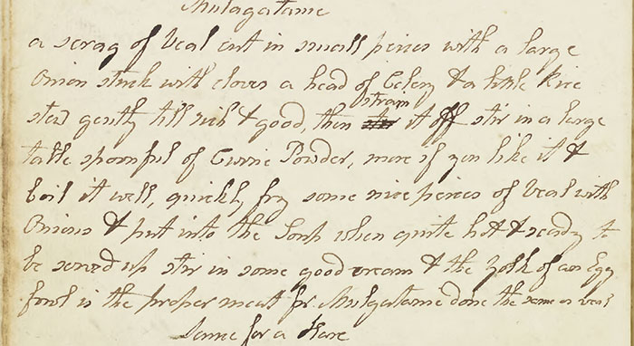 Stephana Malcolm’s handwritten Mullagatawny recipe from her 1790 Burnfoot House recipe book.
