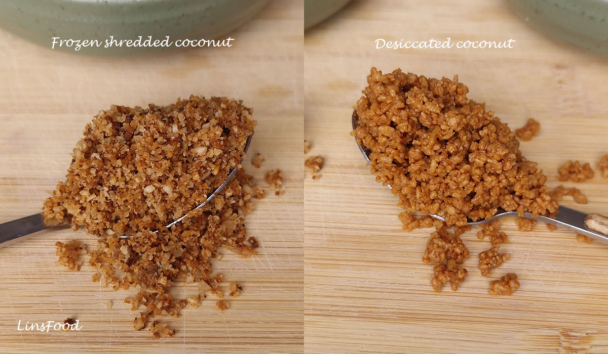 Two spoonfuls of kerisik: unevenly browned frozen shredded coconut on the left and finer, evenly browned desiccated coconut on the right.